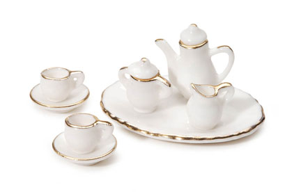 Darice Miniatures - Ceramic Tea Service with Gold Trim - 10 Piece