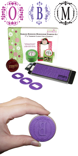 Just-Rite Stampers - Do It Yourself Round Monogram Stamper - Damask Borders & Letter Kit with Bonus Stamper - 1 5/8" Round